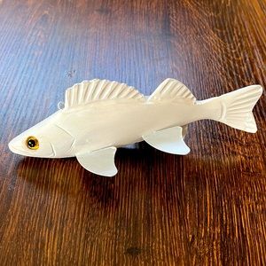 8” wood perch with metal fins, glass eyes, white, handcrafts, paint ur style!